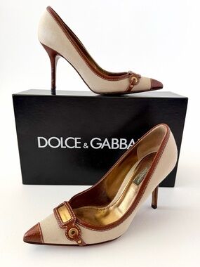 DOLCE & GABBANA | Vintage Canvas Leather Pointed Toe Pumps Heels EU 36.5